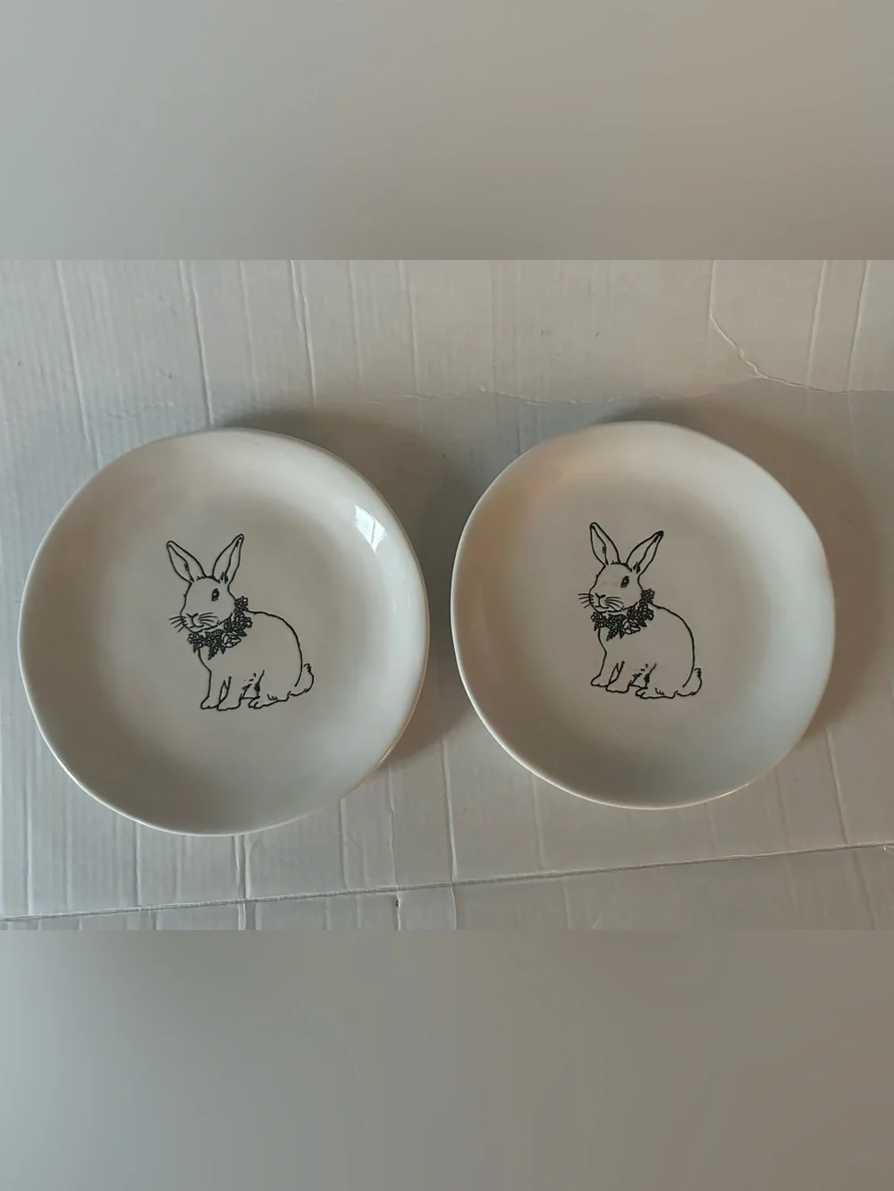 Pier 1 Bunny Rabbit Easter Plates Set of 2 White Stoneware Dessert Salad Plates